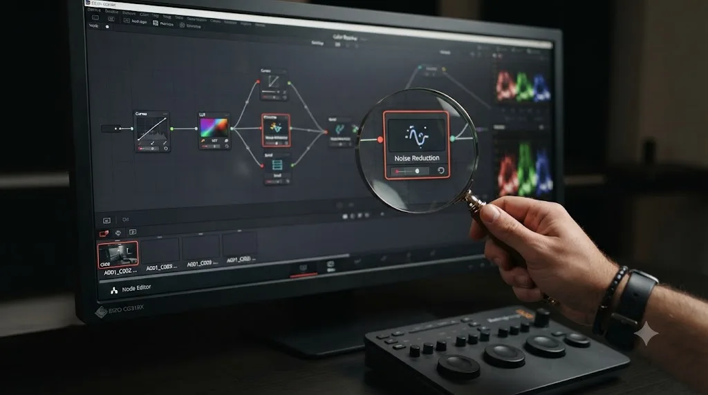 Illustration of a magnifying glass highlighting a single noise reduction node as the cause of a DaVinci Resolve Studio lock
