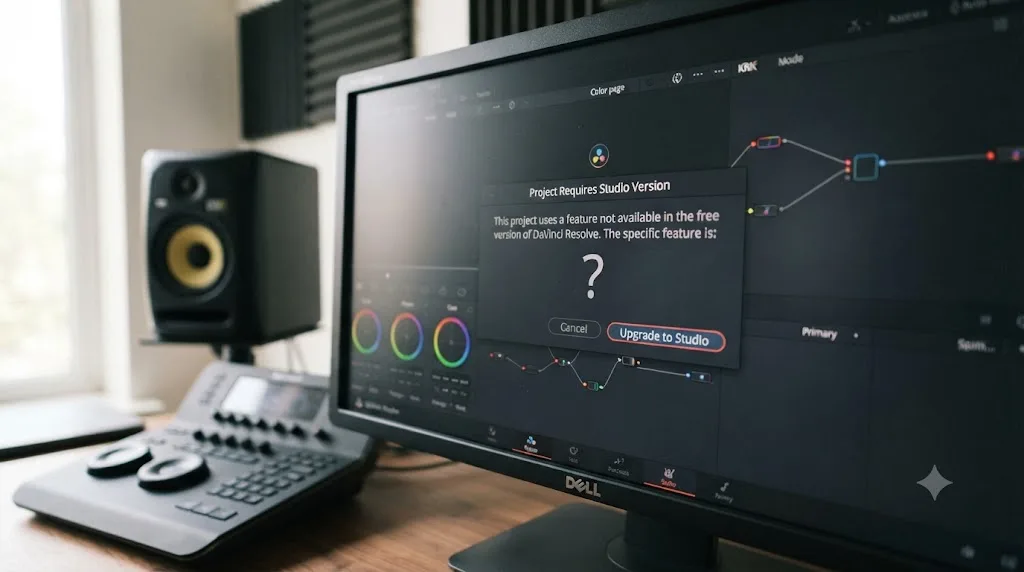Illustration of a DaVinci Resolve limitation dialog box with a question mark instead of naming the exact feature