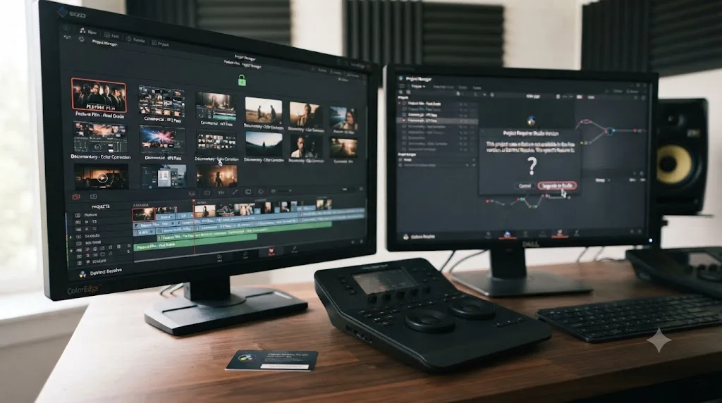 Illustration of a DaVinci Resolve Studio license permanently unlocking one machine while a collaborator's free version still shows the limitation dialog