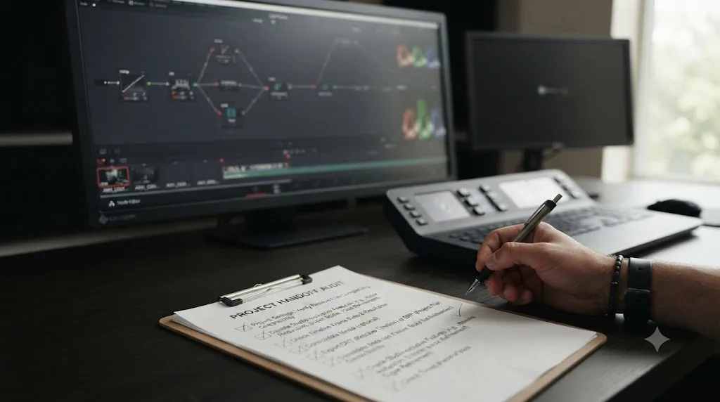 Illustration of a checklist for auditing DaVinci Resolve project settings before a handoff to prevent a Studio lock