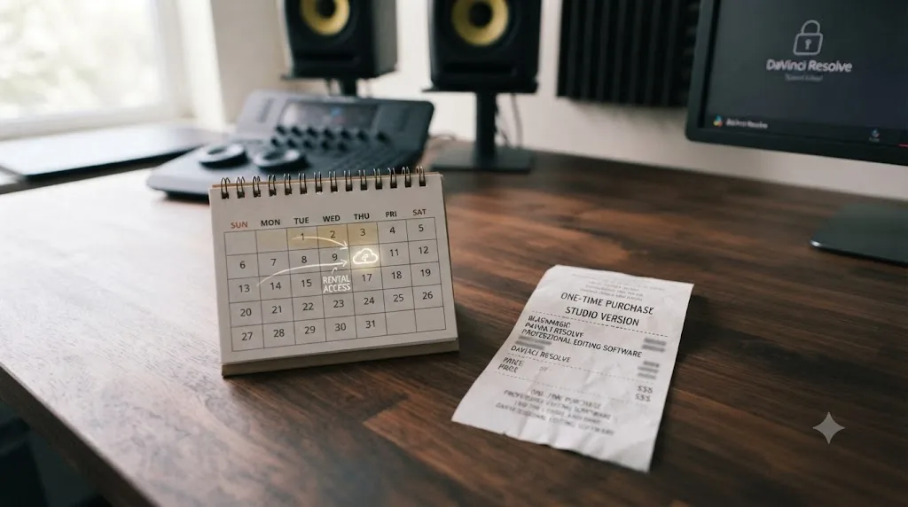 Illustration comparing a monthly Blackmagic Cloud Studio rental against a one-time DaVinci Resolve Studio purchase