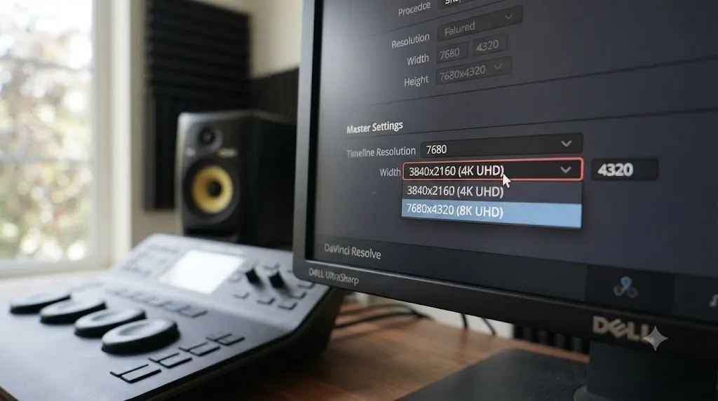 Illustration of a DaVinci Resolve Project Settings panel with the resolution being lowered to fix a Studio requirement