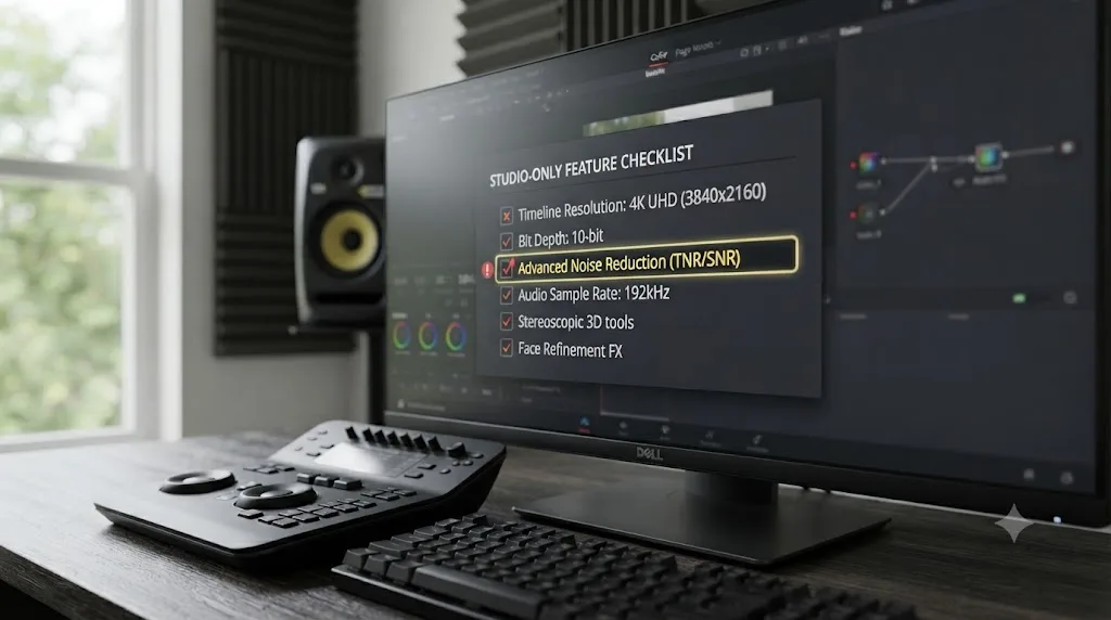 Illustration of a checklist of DaVinci Resolve Studio-only settings that can silently lock a project