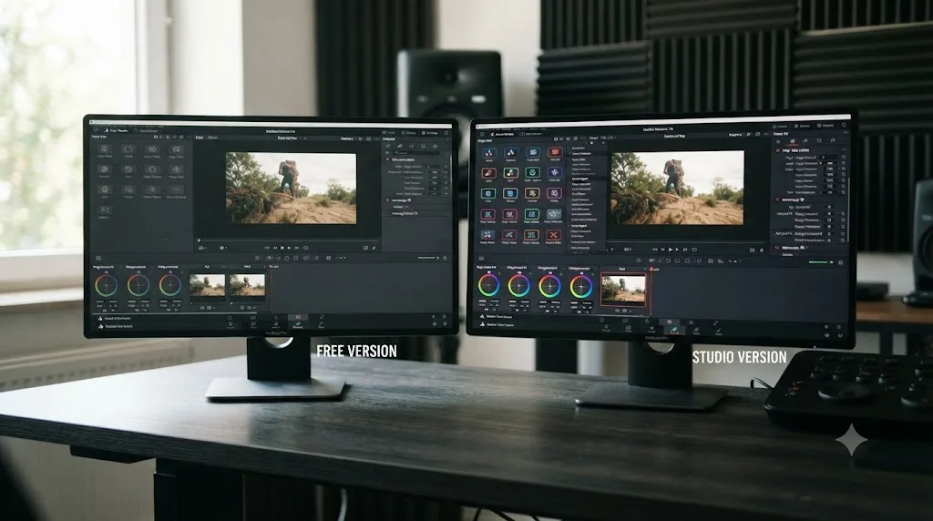 Illustration comparing the DaVinci Resolve free and Studio builds as different feature sets rather than a locked and unlocked version