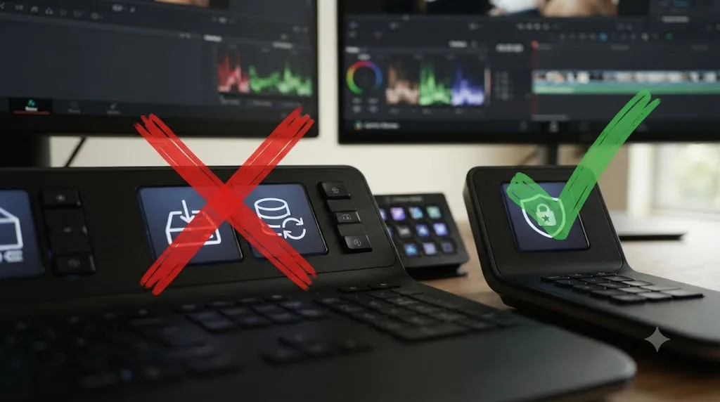 Illustration of incorrect fixes crossed out next to the correct way to resolve a DaVinci Resolve Studio requirement error