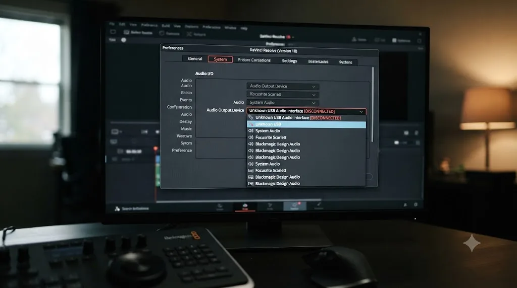 Illustration of the audio output device setting in DaVinci Resolve preferences showing a disconnected device selected