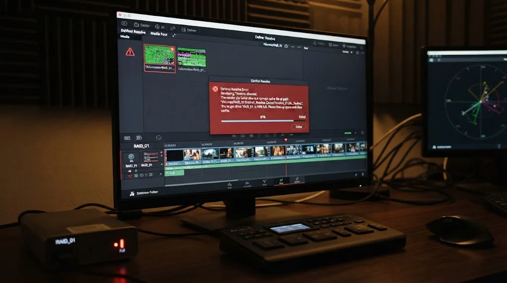 Illustration of a corrupted DaVinci Resolve render cache file on a nearly full drive interfering with an export