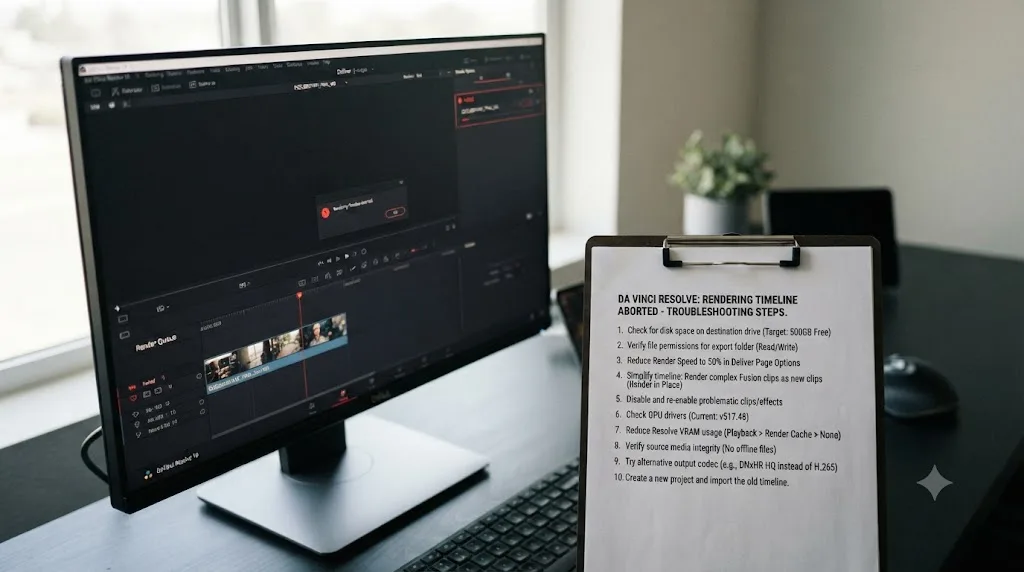 Illustration of a numbered troubleshooting checklist for a DaVinci Resolve rendering timeline aborted error beside a Deliver page