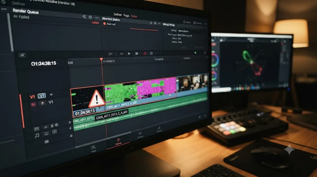 Illustration of a corrupted clip flagged with a warning icon at the exact timecode where a DaVinci Resolve render aborts