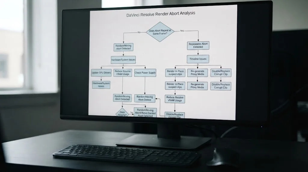 Illustration of a diagnostic flowchart branching a repeatable DaVinci Resolve render abort toward a timeline fix and a moving abort toward a GPU fix