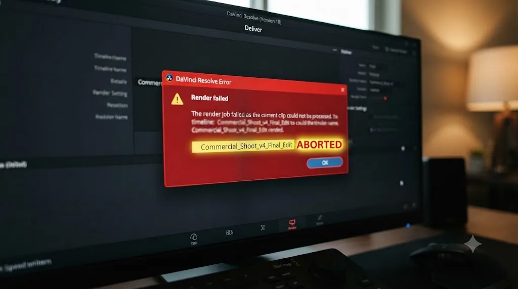 Illustration of a close up of a DaVinci Resolve render error dialog with the aborted timeline message highlighted