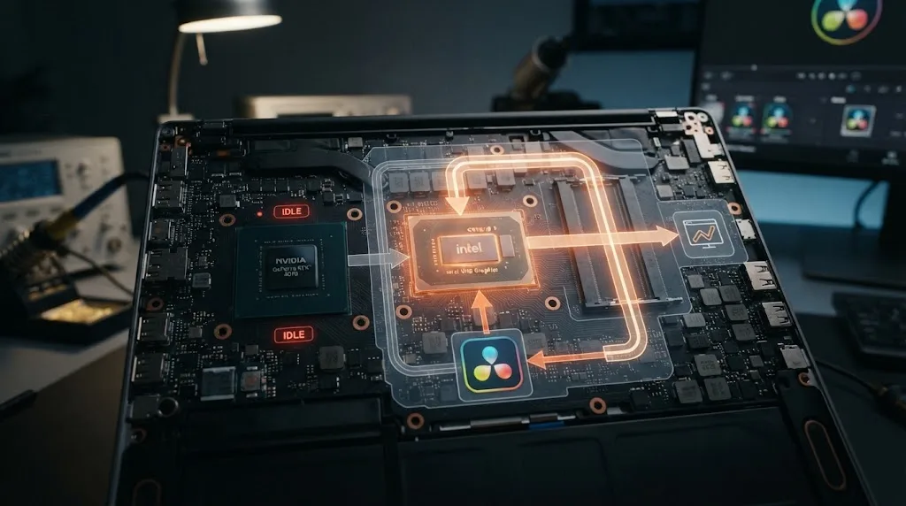 Illustration of a laptop with an idle discrete GPU while DaVinci Resolve renders on the weaker integrated chip