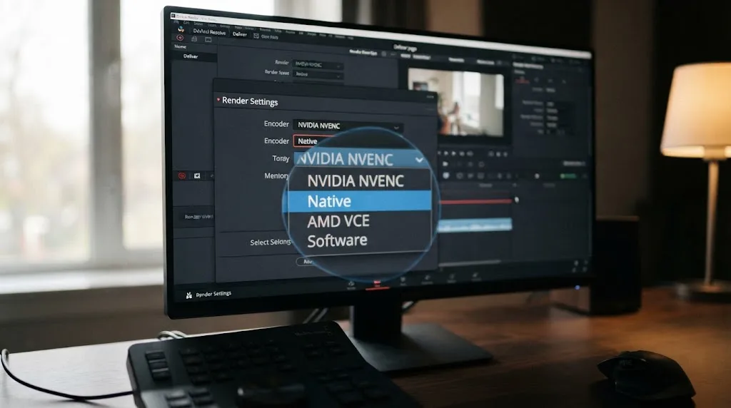 Illustration of the DaVinci Resolve encoder setting switching from a GPU hardware encoder to Native on the Deliver page
