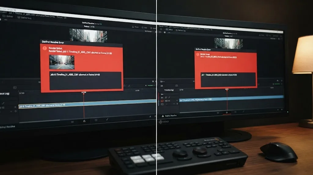 Illustration comparing a DaVinci Resolve render that aborts at the same frame twice against one that aborts at different frames each attempt
