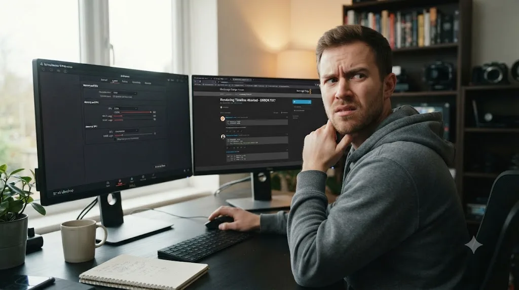 Illustration of a person comparing a DaVinci Resolve preferences panel against a forum thread on a separate screen