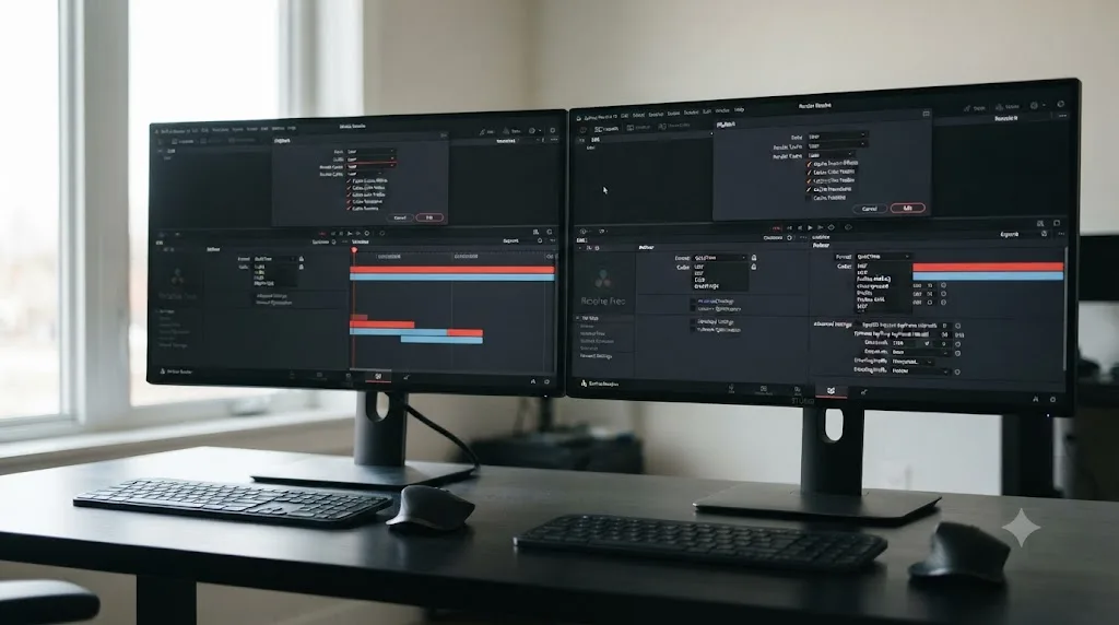 Illustration comparing DaVinci Resolve free and Studio export ceilings alongside identical render cache behavior on both editions