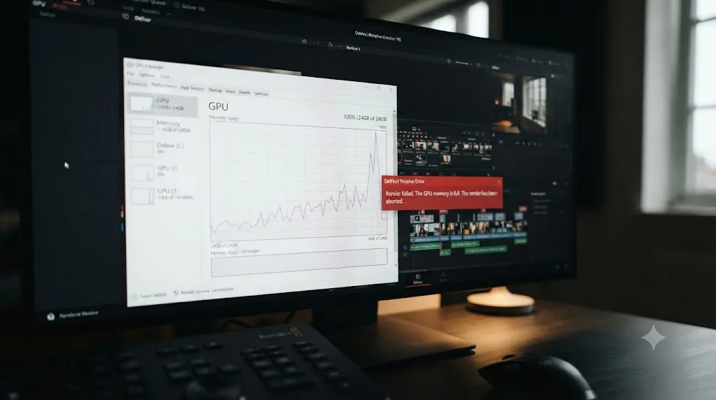 Illustration of a GPU memory usage graph spiking to full capacity just before a DaVinci Resolve render aborts