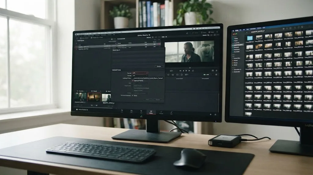 Illustration of a DaVinci Resolve timeline exporting as an image sequence with individual frame files instead of one video file
