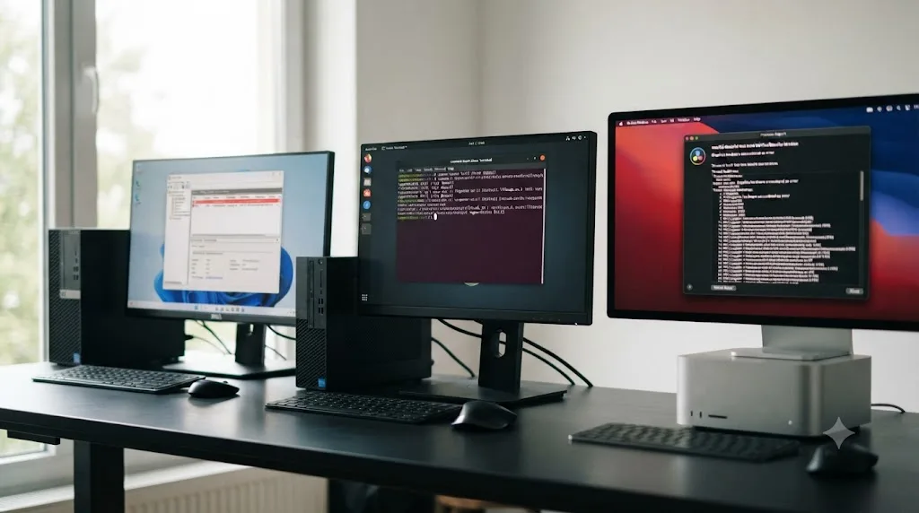 Illustration of Windows, macOS, and Linux computers each showing a different cause for a DaVinci Resolve render abort