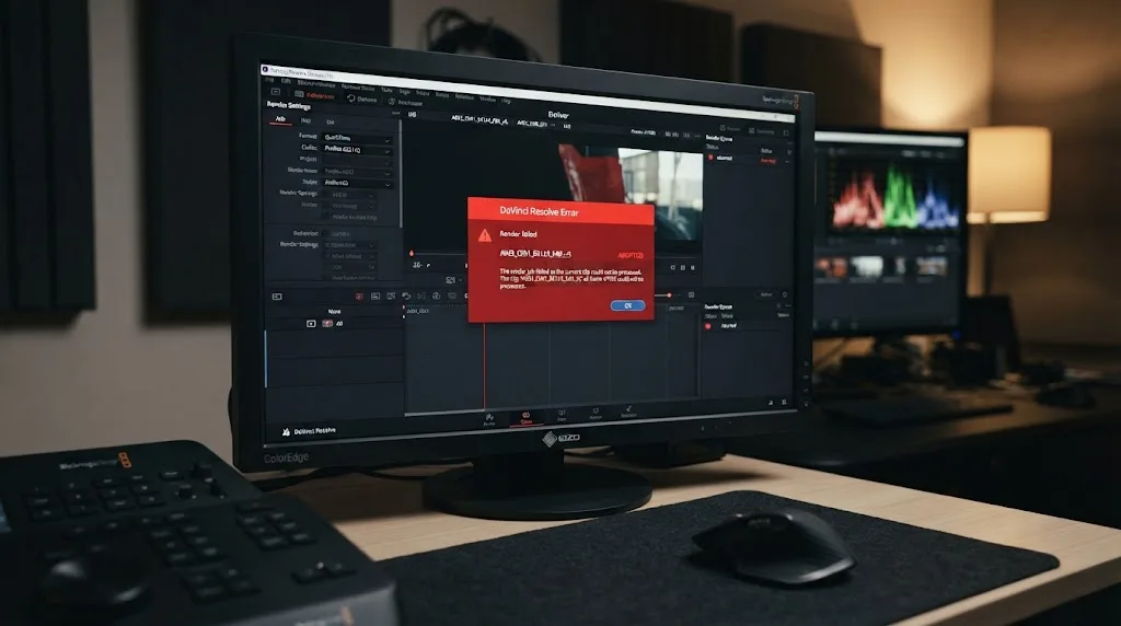 Illustration of a DaVinci Resolve render error dialog showing a timeline aborted message on the Deliver page