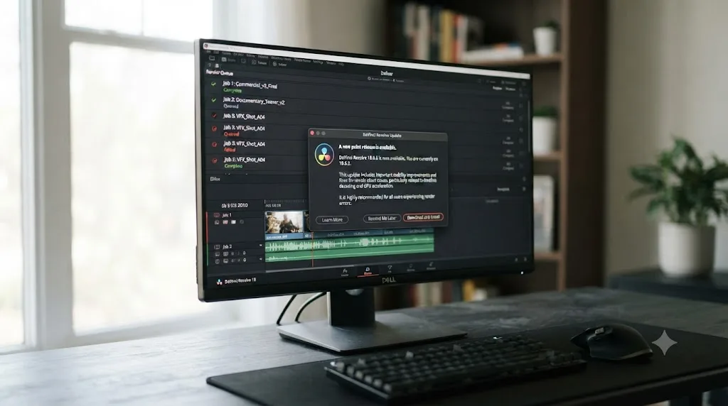 Illustration of a DaVinci Resolve point release update notification appearing over a Deliver page render queue