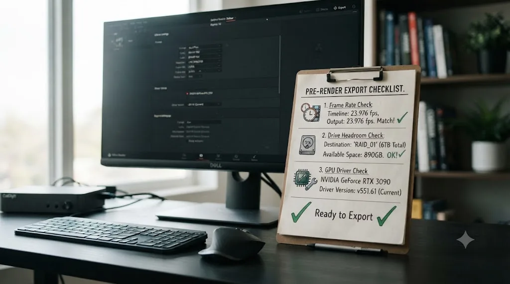 Illustration of a pre-render checklist covering frame rate, drive space, and GPU driver checks before a DaVinci Resolve export
