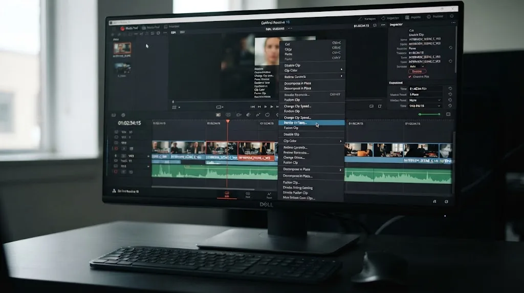 Illustration of the Render in Place option highlighted in a DaVinci Resolve right click context menu on a timeline clip