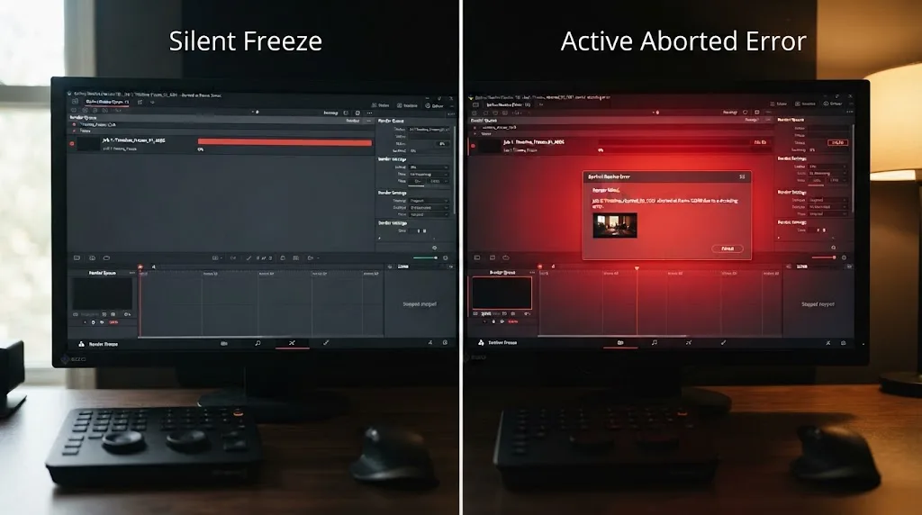 Illustration comparing a DaVinci Resolve render frozen silently at 0 percent against one showing an active aborted error dialog