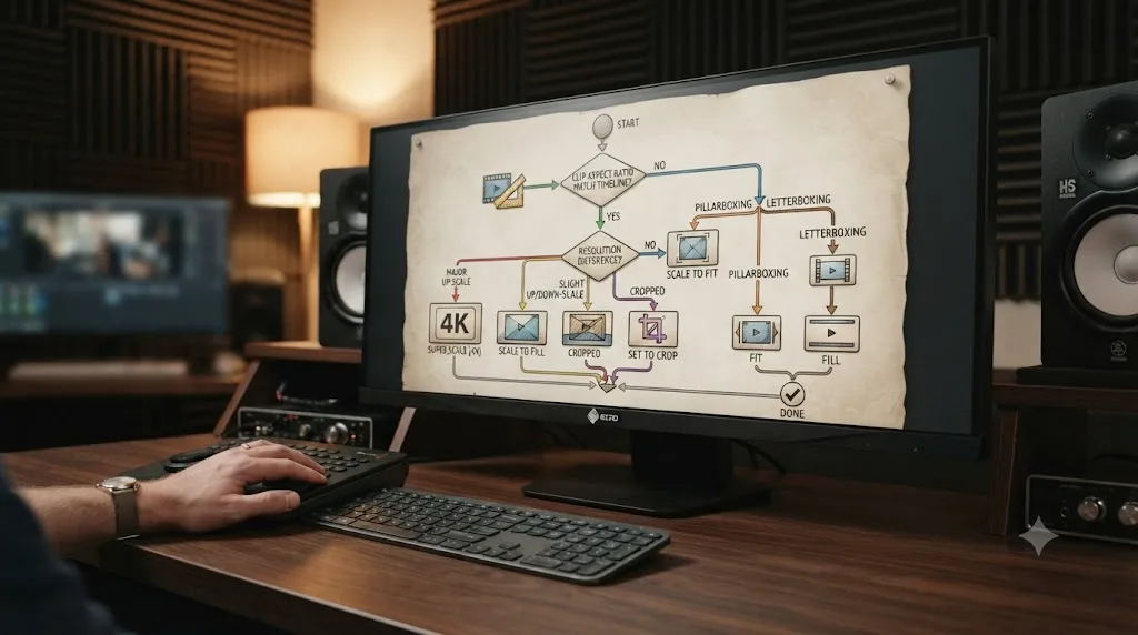 Illustration of a decision flowchart for choosing the right DaVinci Resolve resolution scaling option