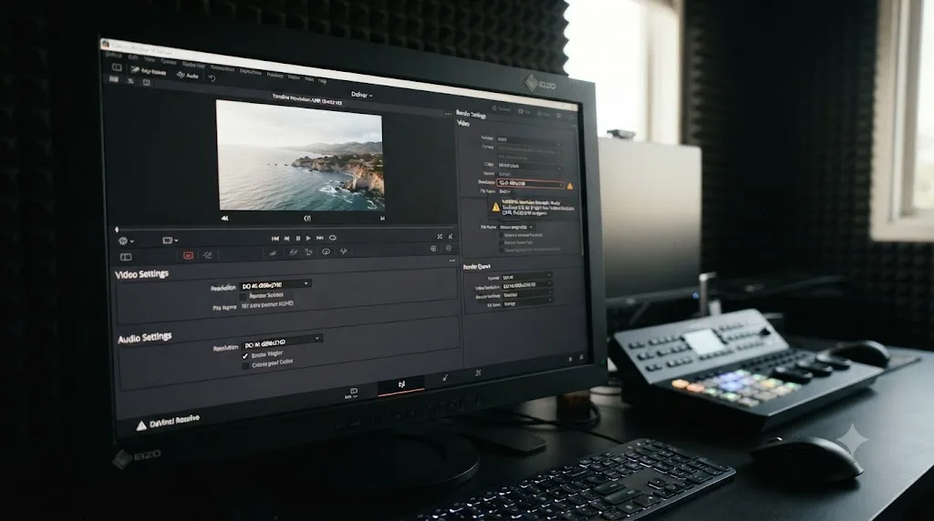 Illustration of the DaVinci Resolve Deliver page showing a resolution mismatch warning between timeline and render resolution