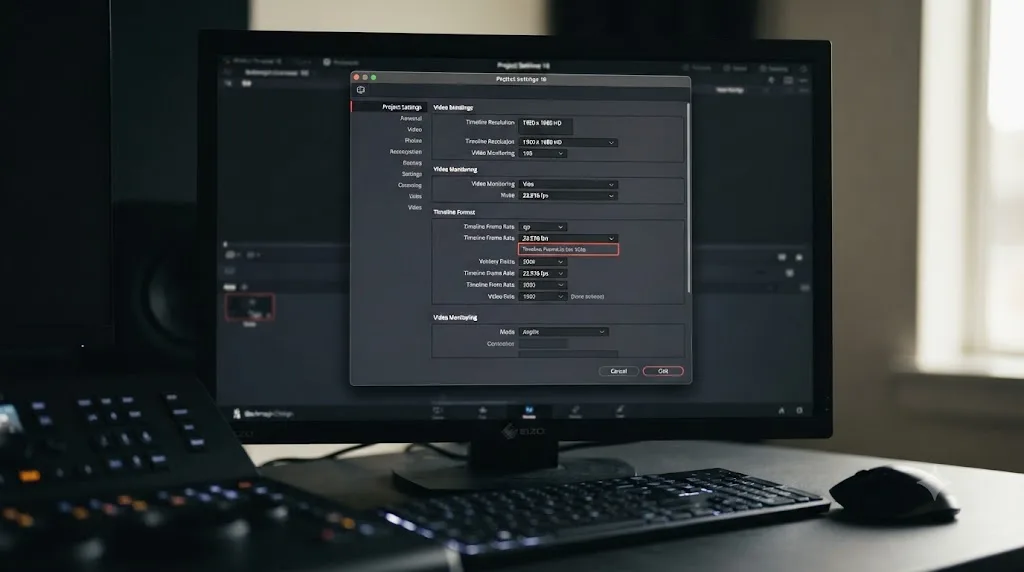 Illustration of a DaVinci Resolve project with frame rate corrected but frame size still mismatched after an incomplete fix