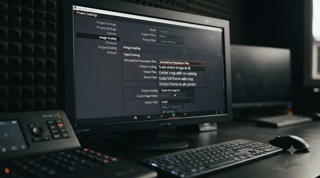 Illustration of the DaVinci Resolve Image Scaling panel with the Mismatched Resolution Files dropdown expanded