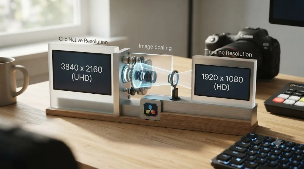 Illustration of DaVinci Resolve reconciling a clip's native resolution against a different timeline resolution through Image Scaling