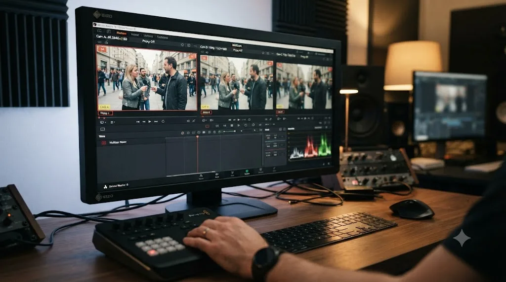 Illustration of a DaVinci Resolve multicam viewer with mismatched camera resolutions and a proxy media resolution artifact
