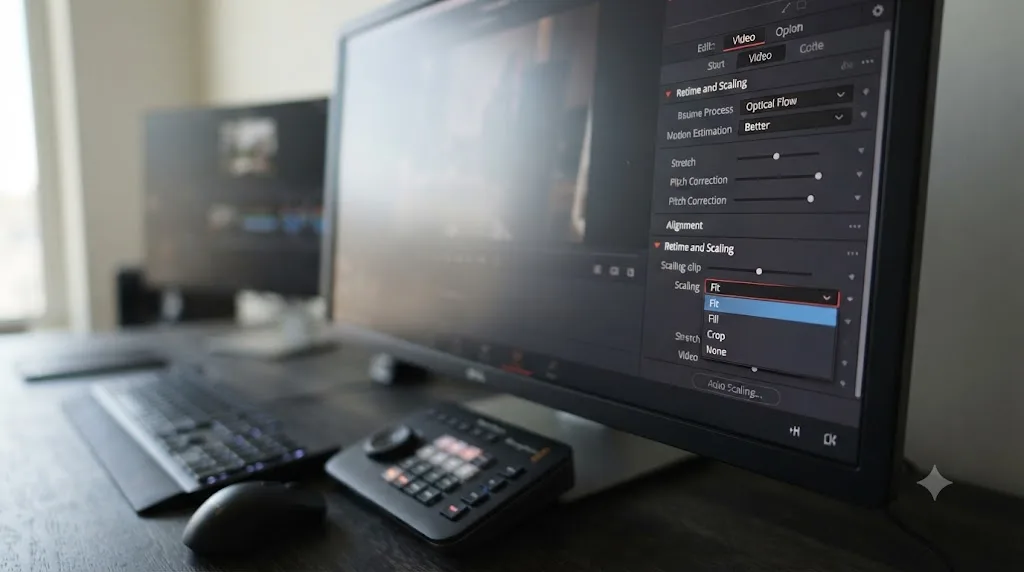 Illustration of the DaVinci Resolve Inspector's Retime and Scaling section with the per-clip Scaling dropdown expanded