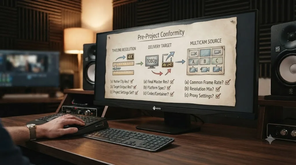 Illustration of a pre-project checklist for preventing DaVinci Resolve resolution mismatch problems before editing starts