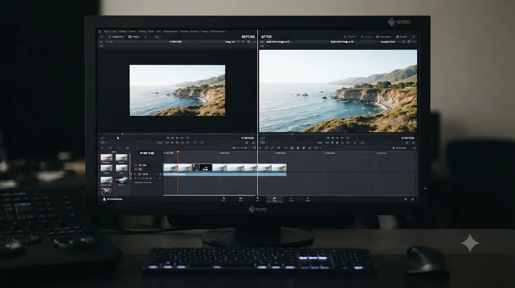 Illustration comparing a DaVinci Resolve timeline before and after a project-wide Image Scaling preset change