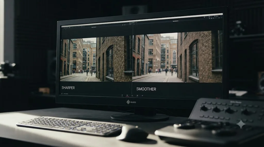 Illustration comparing DaVinci Resolve's Sharper and Smoother resize filter results on the same upscaled clip