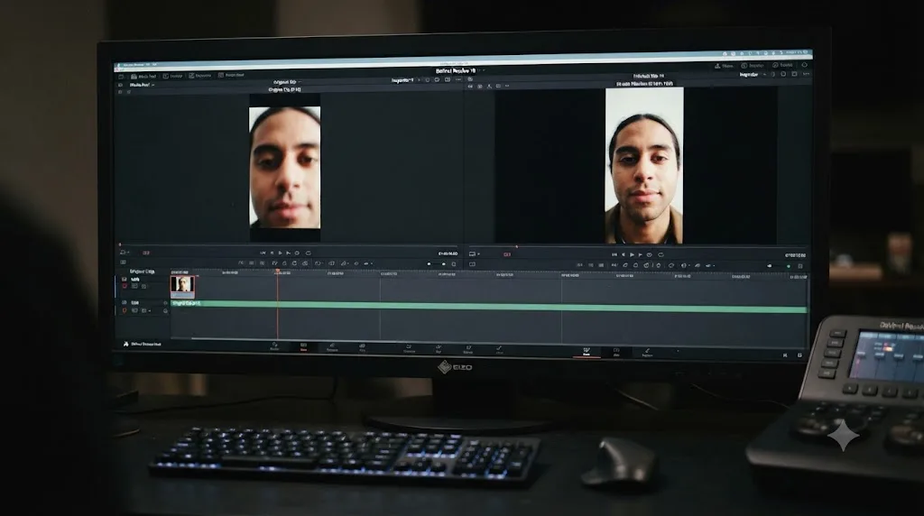 Illustration comparing a vertical phone video clip fitted into a horizontal DaVinci Resolve timeline with cropping versus pillarboxing