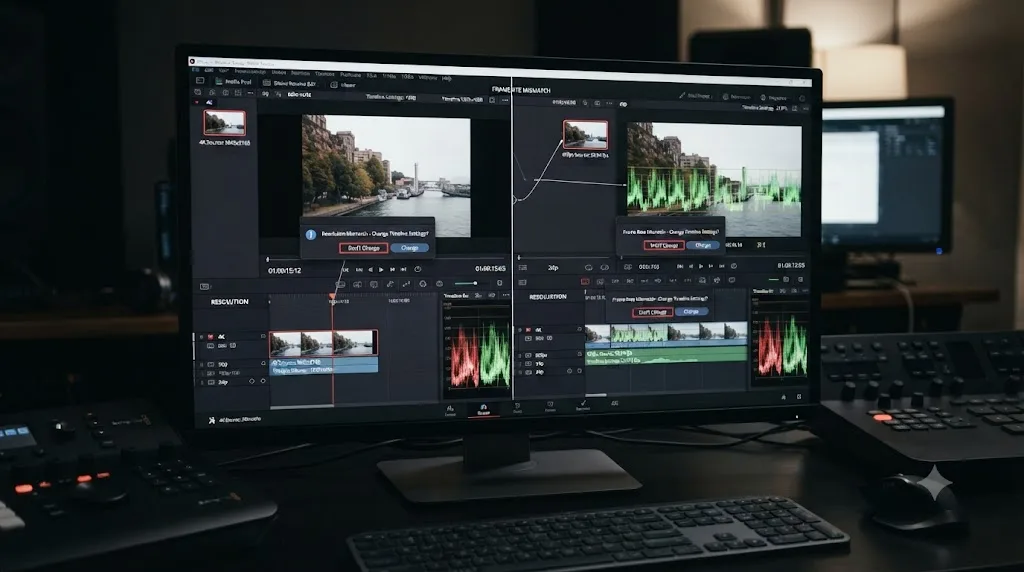 Illustration distinguishing DaVinci Resolve's resolution mismatch handling from its separate frame rate mismatch handling