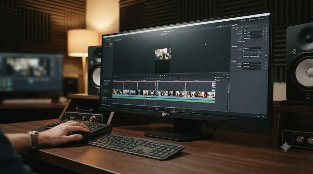 Illustration of a worked example DaVinci Resolve timeline with mixed resolution clips each receiving a targeted scaling fix