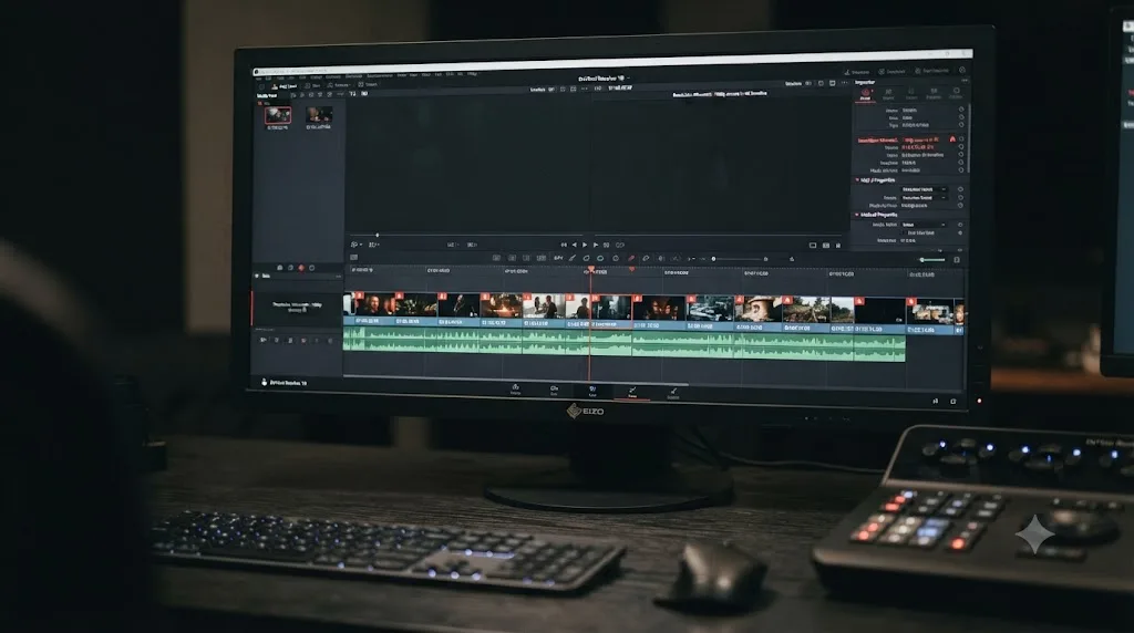 Illustration of a Premiere Pro timeline conforming into DaVinci Resolve with a resolution mismatch on several imported clips