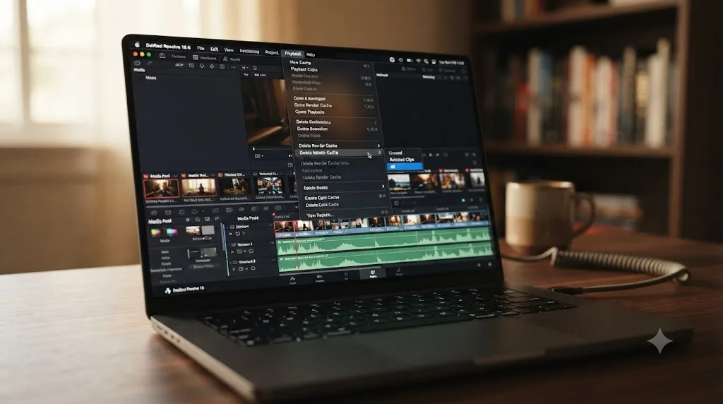 Illustration of DaVinci Resolve's Delete Render Cache menu being used after the cache path has already been fixed