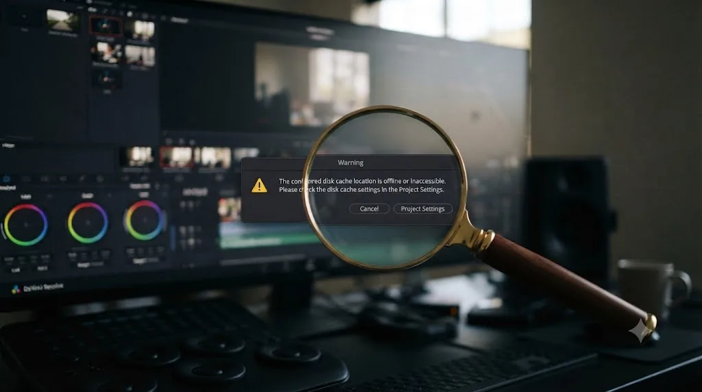 Illustration of a magnifying glass examining a DaVinci Resolve cache error dialog's exact wording