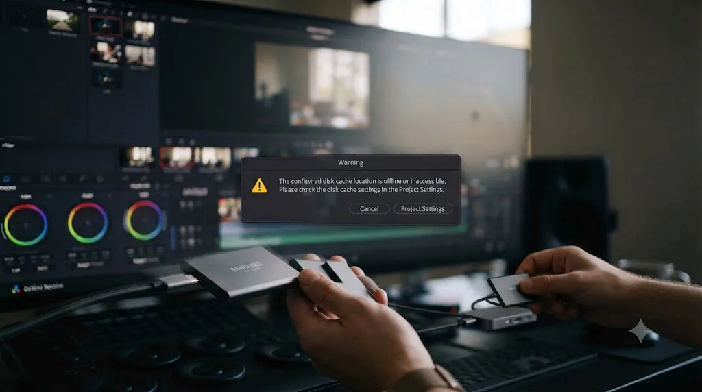 Illustration of an external SSD being disconnected and reconnected while a DaVinci Resolve cache warning appears and clears