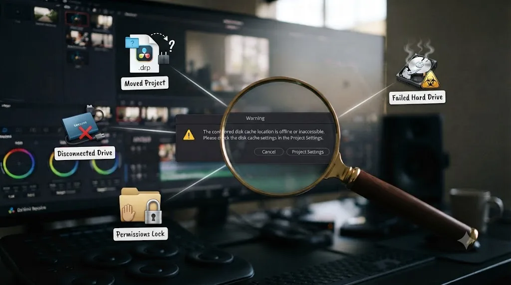 Illustration of four causes, a moved project, disconnected drive, permission lock, and drive failure, leading to the same DaVinci Resolve cache error