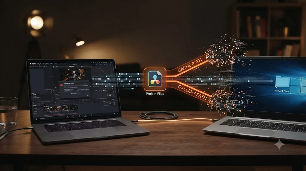 Illustration of a DaVinci Resolve project file transferring between computers while its cache path breaks