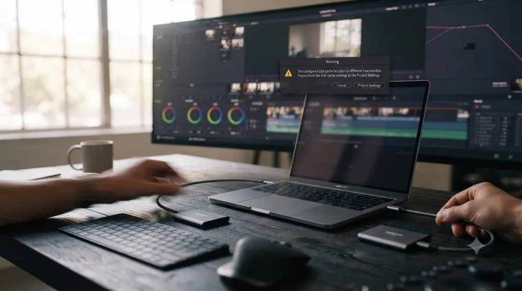 Illustration of a laptop with an external cache drive connecting and disconnecting next to a DaVinci Resolve cache warning dialog