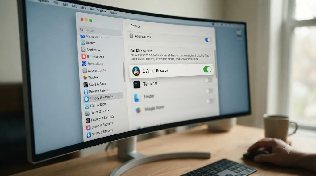 Illustration of the macOS Full Disk Access privacy setting with DaVinci Resolve enabled for cache access
