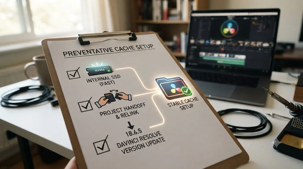 Illustration of a checklist for preventing DaVinci Resolve's disk cache not accessible error from recurring